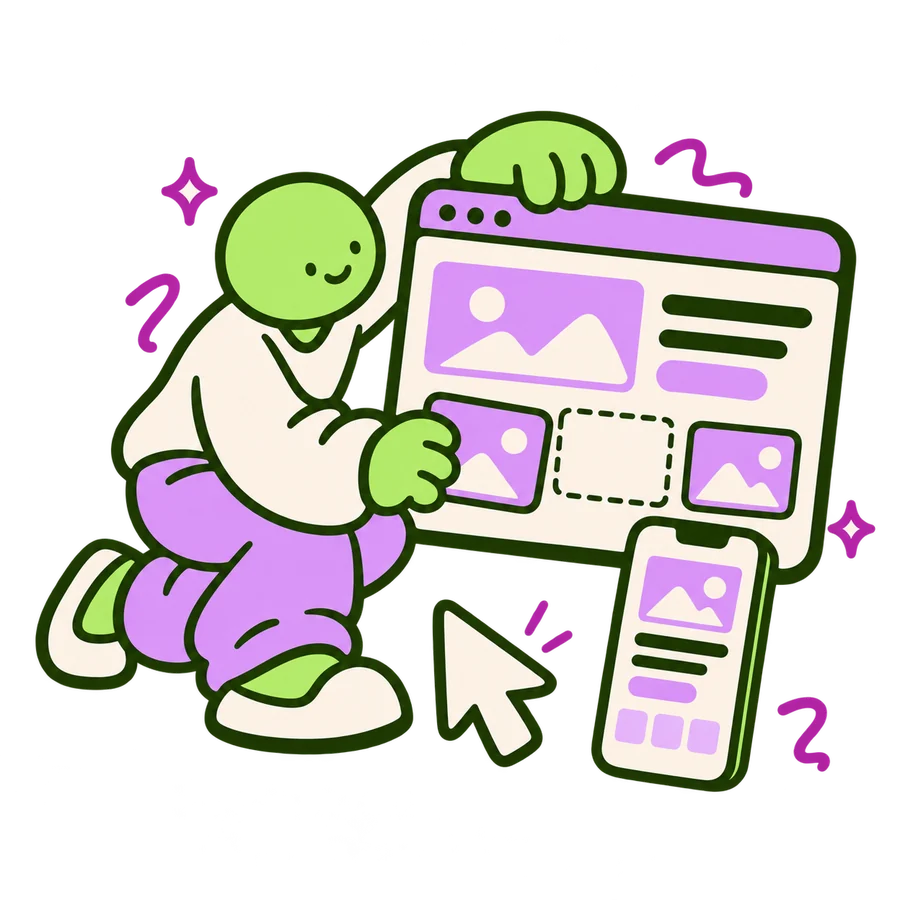 Personaje montando una web adaptable a ordenador y móvil Ilustración: Personaje montando una web adaptable a ordenador y móvil