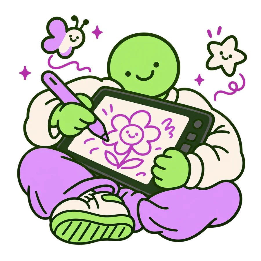 Personaje dibujando una flor en una tableta gráfica Ilustración: Personaje dibujando una flor en una tableta gráfica