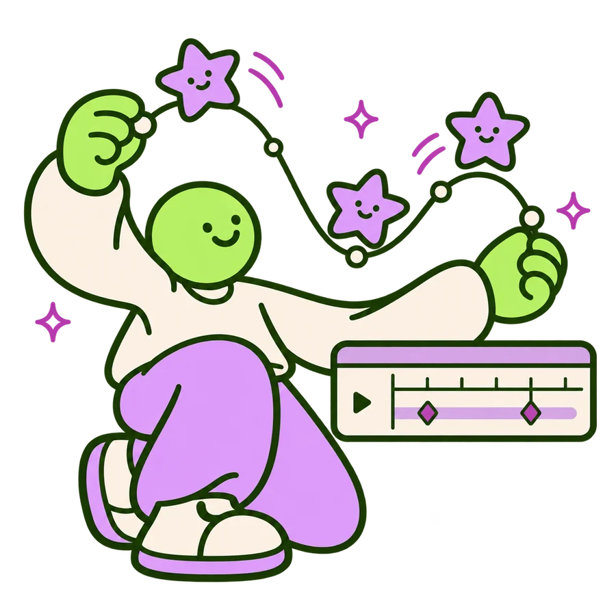 Ilustración: Personaje animando estrellas en una línea de tiempo