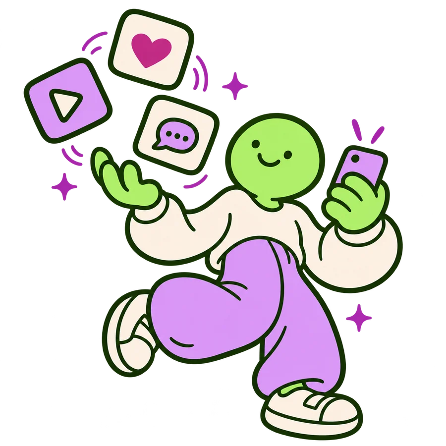 Ilustración: Personaje gestionando redes sociales desde el móvil