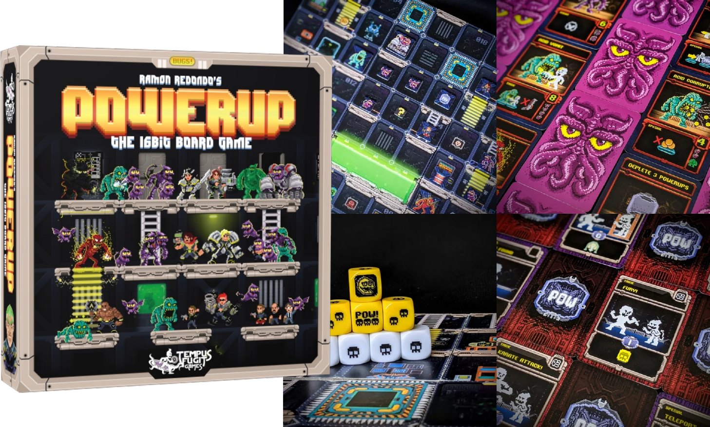 Caja, tablero, dados y cartas del juego POWERUP